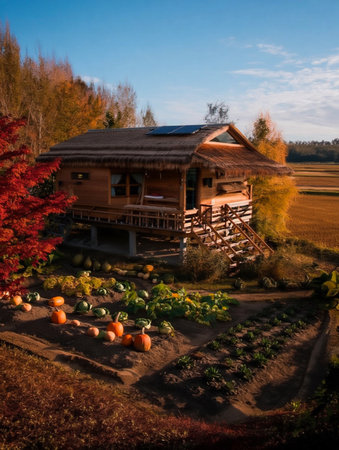 A charming log cabin sits nestled amongst vibrant fall colors, with a pumpkin patch in the foreground under a clear sky.の素材