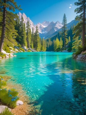 A stunning, vibrant turquoise lake reflects the majestic snow-capped mountains and dense evergreen forest under a clear blue sky.の素材