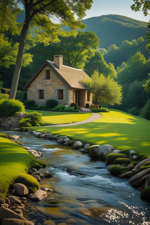 A charming stone cottage sits amidst lush green lawns and trees, with a flowing stream in the foreground.の素材