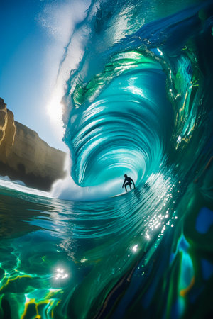 A lone surfer is captured inside the hollow of a colossal, translucent wave, bathed in ethereal light.の素材