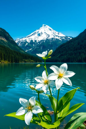 A serene mountain landscape featuring a calm lake and vibrant white flowers in the foreground under a clear blue sky.の素材