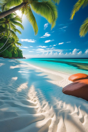 Sunlight filters through palm fronds onto a pristine white sand beach, meeting vibrant turquoise ocean waters.の素材