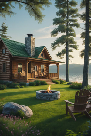 A rustic log cabin with a smoking chimney sits by a tranquil lake, bathed in the warm glow of sunset.の素材
