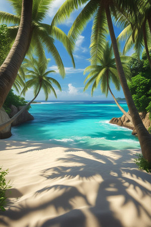 A sun-drenched tropical beach with white sand, lush green foliage, and crystal-clear turquoise ocean water under a bright blue sky.の素材