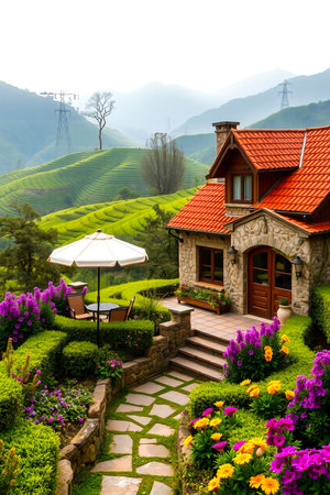 A picturesque stone cottage with an orange roof sits amidst a lush, colorful garden and rolling green hills.の素材