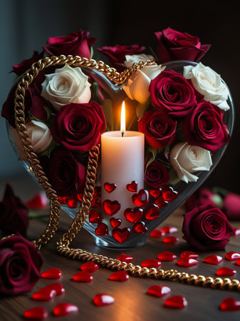 A glowing candle illuminates a heart-shaped arrangement of red and white roses, adorned with a gold chain and scattered rose petals.の素材