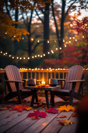 Two Adirondack chairs face a small table on a wooden deck, illuminated by warm string lights and autumn foliage.の素材