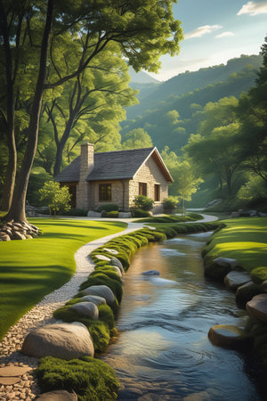 A charming stone cottage sits amidst lush greenery with a winding path leading to a tranquil stream in a serene natural landscape.の素材