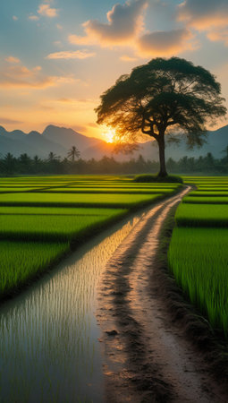A winding dirt path leads through vibrant green rice paddies towards a majestic tree at sunset.の素材
