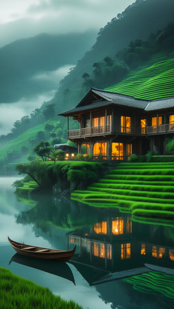 A tranquil scene with a traditional building reflected in calm water, surrounded by lush, mist-covered tea plantations.の素材