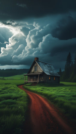 A solitary, weathered house sits in a vast green field under a turbulent, dark, and dramatic sky.の素材