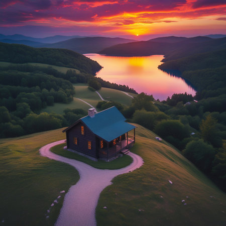 An isolated cabin sits on a hill overlooking a tranquil lake as a fiery sunset paints the sky with vibrant colors.の素材