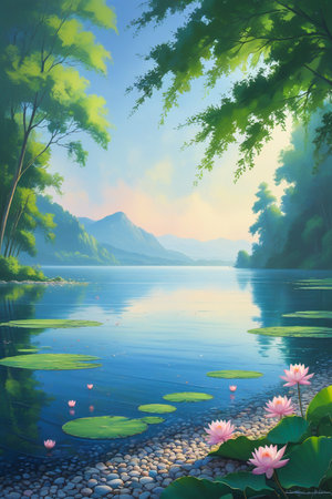 A tranquil lake reflects distant mountains under a soft, colorful sky, with lily pads and pink lotus flowers in the foreground.の素材