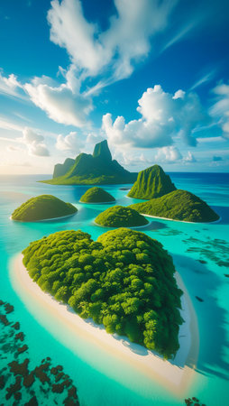 Aerial view of vibrant green islands with white sand beaches surrounded by crystal clear turquoise water and dramatic clouds.の素材