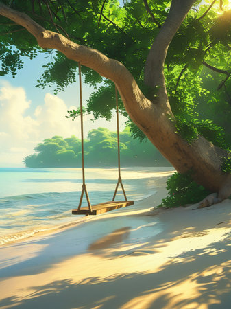 Two empty swings hang from a large tree on a sandy beach, overlooking a calm ocean under a bright sky.の素材