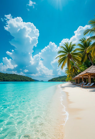 A serene tropical beach with white sand, crystal clear turquoise water, lush palm trees, and a small hut under a bright blue sky.の素材