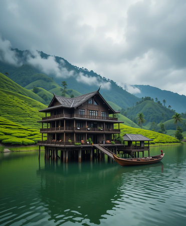 A weathered wooden building stands on stilts in a calm lake, surrounded by lush green hills under a cloudy sky.の素材