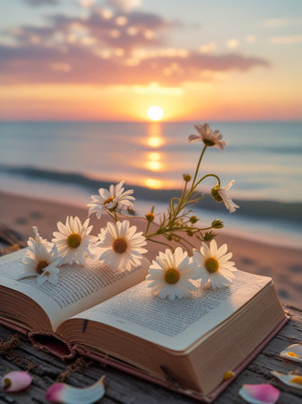 An open book with daisies rests on a wooden surface at the beach during a vibrant sunset.の素材