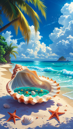 A large seashell filled with turquoise water sits on a sandy beach with starfish and palm trees under a blue sky.の素材