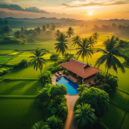 Aerial view of a luxurious tropical resort nestled amidst vibrant green rice paddies and palm trees at sunrise.の素材