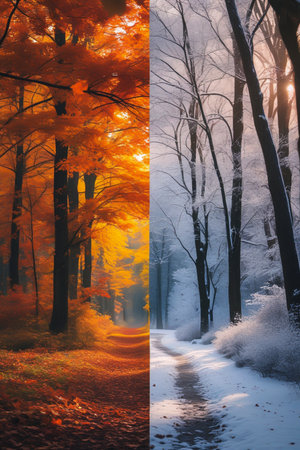 A split image showcasing a vibrant autumn forest on the left and a serene, snow-covered winter path on the right.の素材