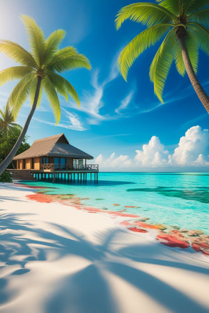 A serene tropical beach with an overwater bungalow, palm trees, and crystal clear turquoise ocean under a sunny sky.の素材