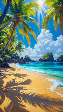 A vibrant, sun-drenched tropical beach scene with lush palm trees, turquoise water, and distant islands under a bright blue sky.の素材