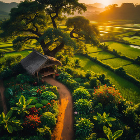 An aerial view of a winding dirt path leading to a small hut amidst lush greenery and vibrant rice fields bathed in golden sunrise light.の素材
