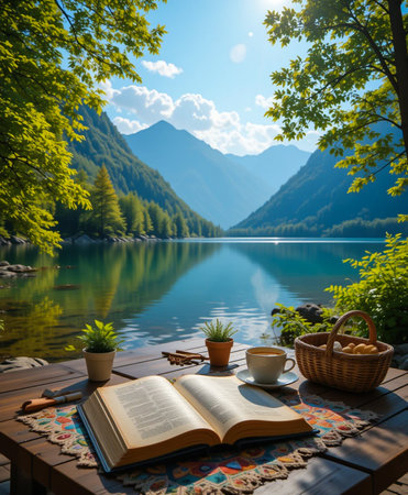 A serene mountain lake scene with an open book, coffee cup, and basket on a wooden table, bathed in soft morning light.の素材
