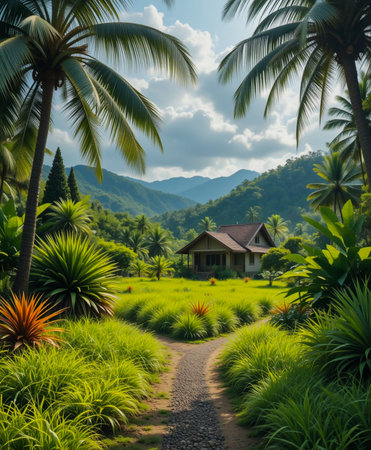 A serene tropical landscape with a pathway leading to a distant house nestled amidst lush vegetation and rolling hills.の素材