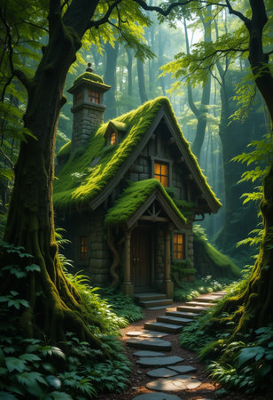 A fairytale cottage with a moss-covered roof nestled deep within a vibrant, sun-dappled green forest.の素材