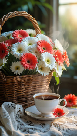 A wicker basket overflows with vibrant gerbera daisies next to a steaming cup of coffee on a lace-covered table.の素材