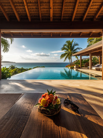 Luxurious tropical villa with infinity pool and fruit bowl, offering stunning ocean views at sunset.の素材