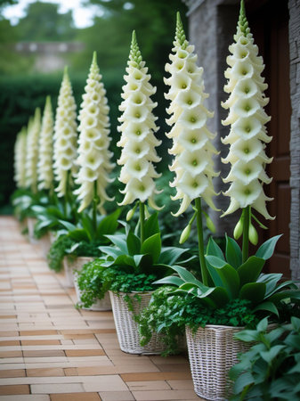 A row of tall, creamy white spire flowers in textured pots creates a striking visual along a stone pathway.の素材