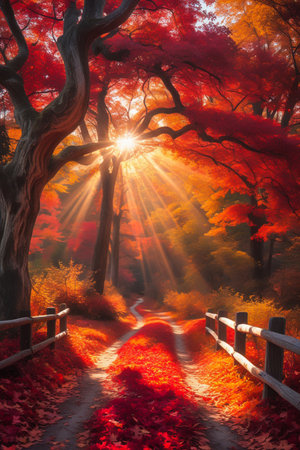 A breathtaking scene of vibrant red and orange autumn leaves illuminated by dramatic sunbeams filtering through tree branches.の素材