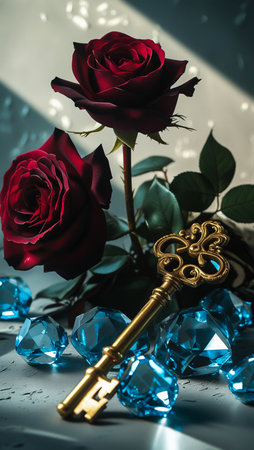Two deep red roses sit atop a bed of sparkling blue gemstones, with an antique golden key resting amongst them.の素材