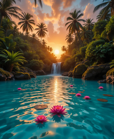 A serene tropical paradise with a cascading waterfall, vibrant sunset, lush greenery, and floating pink lotus flowers in turquoise water.の素材