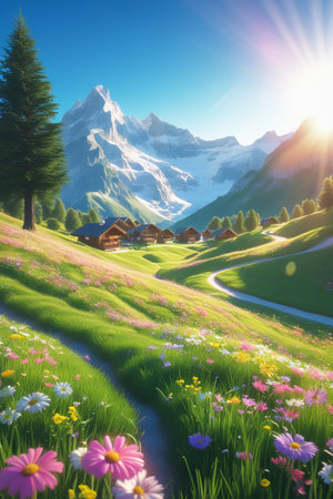 A vibrant alpine meadow bursts with colorful wildflowers under a bright sun, leading to majestic snow-capped mountains.の素材