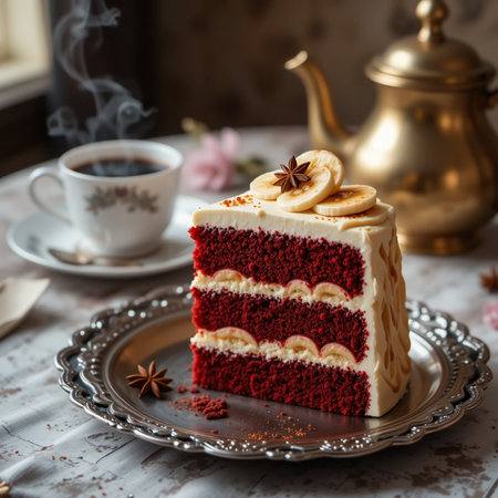 A rich slice of red velvet cake with cream cheese frosting and banana slices, served with coffee and a vintage teapot.の素材