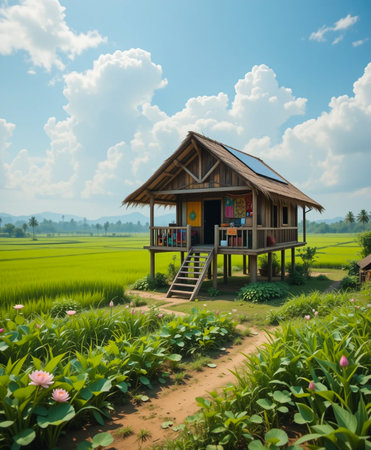 A simple wooden hut stands elevated on stilts amidst vibrant green rice fields, with a path leading to its entrance.の素材
