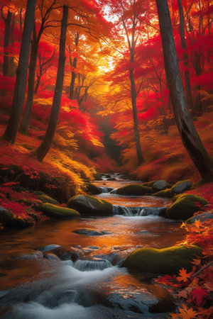 A serene forest stream flows through a vibrant autumn landscape bathed in golden sunlight, with fiery red and orange leaves.の素材