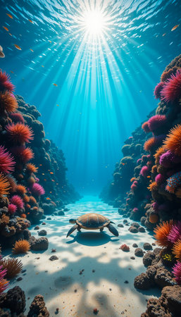 A vibrant coral reef ecosystem bathed in sunlight, with a sea turtle gracefully swimming through clear blue ocean waters.の素材