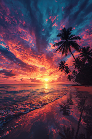 A breathtaking sunset paints the sky with fiery oranges, pinks, and purples, reflecting on the calm ocean waters with silhouetted palm trees.の素材