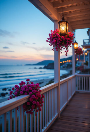 A serene ocean view from a balcony at dusk, adorned with vibrant hanging flowers and soft evening light.の素材