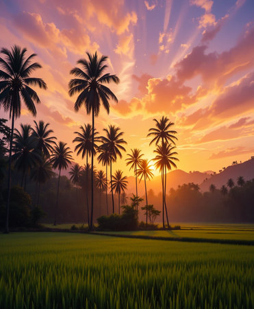 A breathtaking sunset paints the sky with vibrant colors, silhouetting palm trees and illuminating lush rice fields.の素材