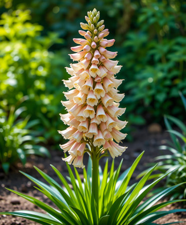 A tall, cone-shaped flower with cream-colored petals and green foliage stands out in a lush garden setting.の素材
