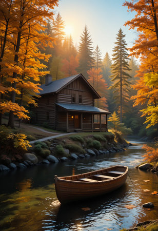 A rustic wooden cabin nestled amongst vibrant autumn trees, with a rowboat floating peacefully on a calm river.の素材