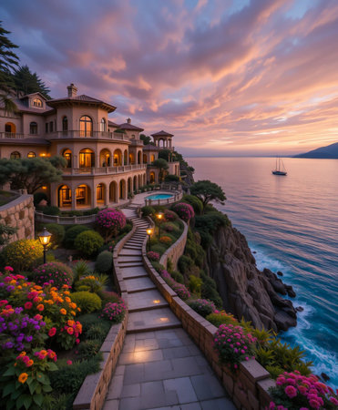 A grand villa with illuminated windows sits on a cliff overlooking the ocean, bathed in the warm glow of a sunset.の素材