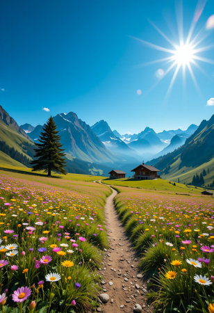 A winding dirt path leads through a sun-drenched meadow filled with wildflowers towards distant, majestic mountains.の素材