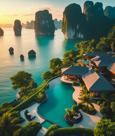 An aerial view of a luxurious resort with an infinity pool nestled among lush greenery and dramatic limestone karsts.の素材